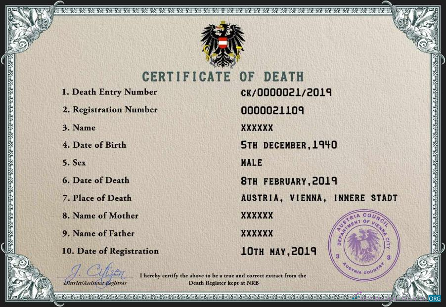 Download Austria death certificate PSD template, Photoshop template